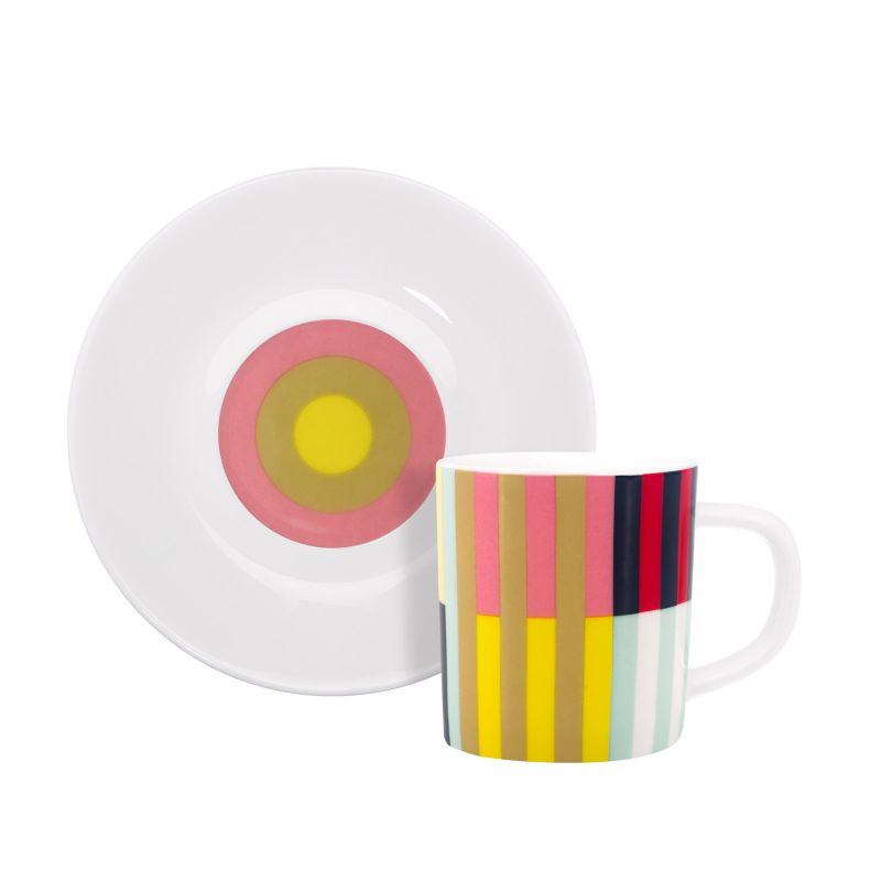 Espressotasse mit Unterteller Havanna-Design – Untertasse mit konzentrischen Kreise in Pink, Gelb und Grün und Tasse mit Streifen in Pink, Gelb, Grün, Rot, Weiss, Blau und Schwarz auf weissem Fine Bone China Porzellan