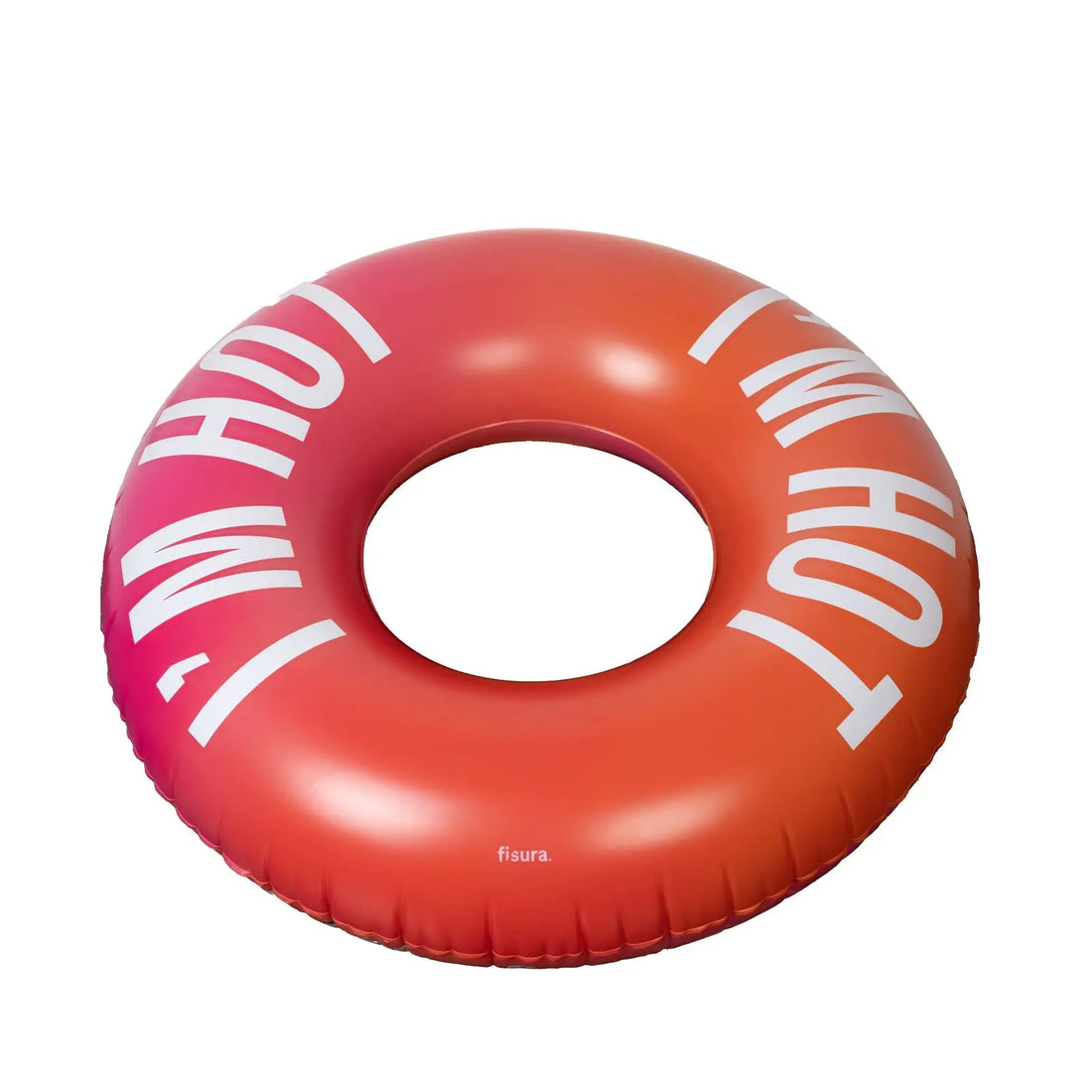 Aufblasbarer Schwimmring „I’m Hot“ von FISURA in Schrägansicht mit Farbverlauf in Pink und Orange auf hellem Hintergrund