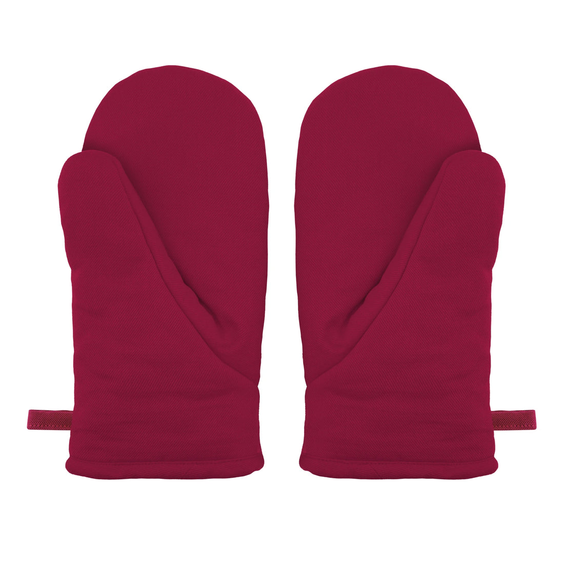 Ofenhandschuh gestreift im 2er-Set, Rückseite in dunklem Beerenton mit weicher Form, Daumenpartie und Aufhängeschlaufe.