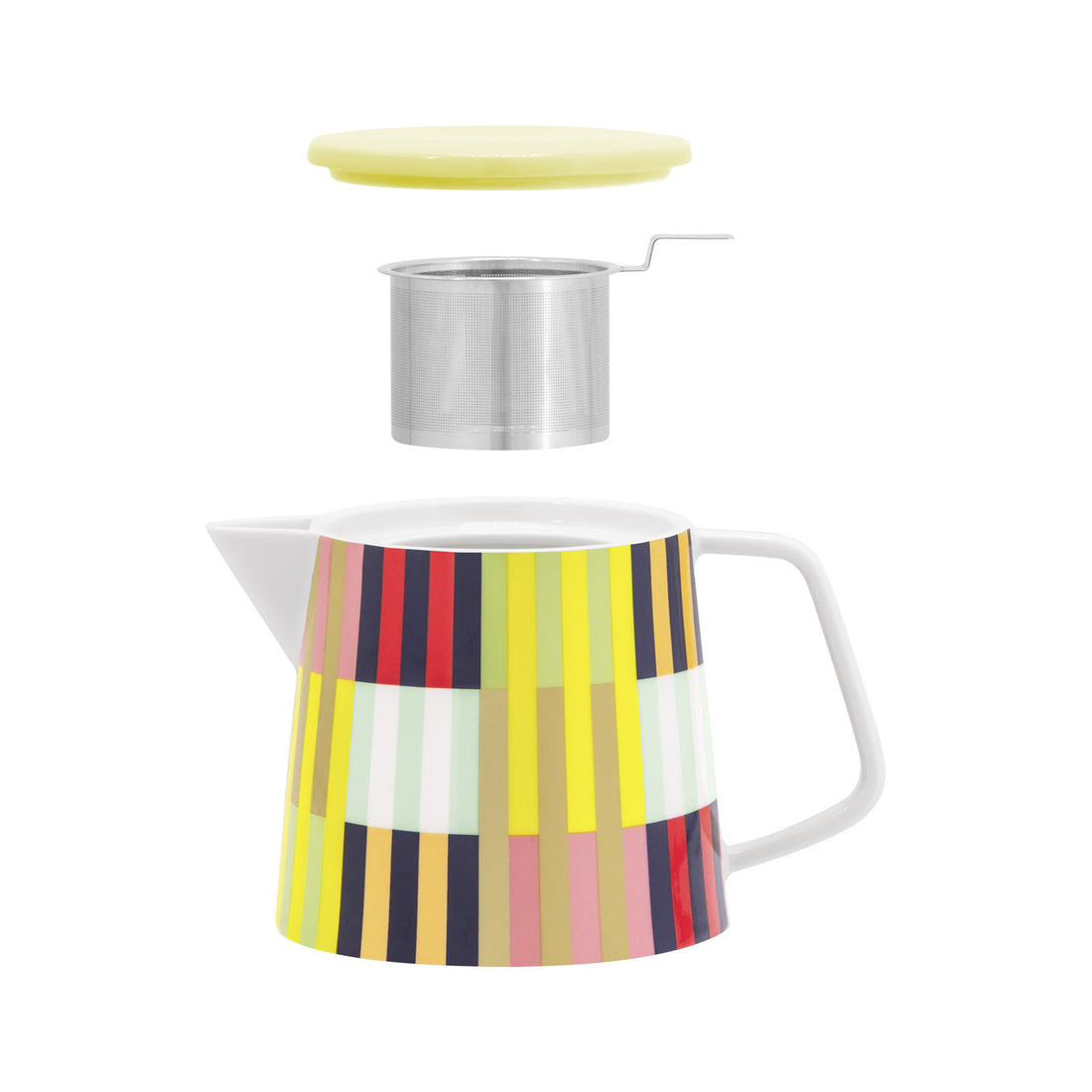 Teekanne Havanna von Remember aus Porzellan mit grafischem Streifenmuster in Gelb, Hellgrün, Rosa, Beige, Weiss, Dunkelblau und Rot, mit Deckel und herausnehmbarem Edelstahlsieb für losen Tee