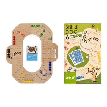 Brändi Dog 6 Spieler komplett mit Verpackung - Holz Brettspiel Set mit Spielbrett, Murmeln, Karten und Originalverpackung - Schweizer Familienspiel Swiss Made