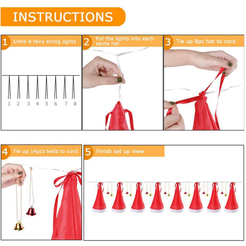 Weihnachtsbaumschmuck - Lichterkette mit leuchtenden Weihnachtsmützen zum Aufhängen