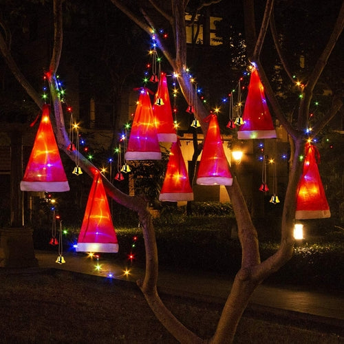 Weihnachtsbaumschmuck - Lichterkette mit leuchtenden Weihnachtsmützen zum Aufhängen
