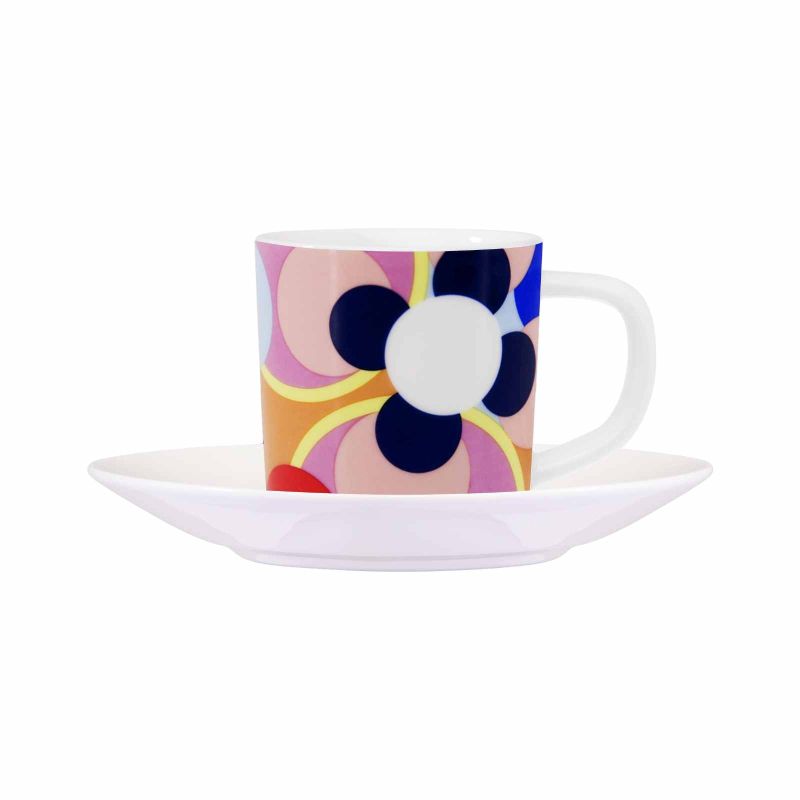 Espressotasse mit Unterteller Sushi-Design – bunte Blumenmuster in Pink, Orange und Blau auf weissem Fine Bone China Porzellan

