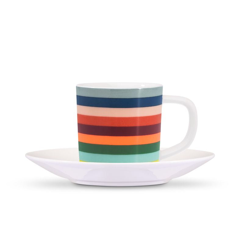 Espressotasse mit Unterteller Lorenzo aus Fine Bone China von REMEMBER, multicolor Streifenmuster auf der Tasse, freigestellt.