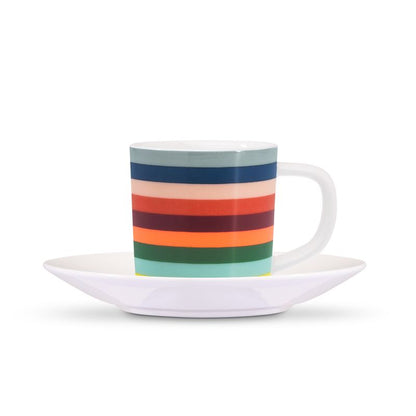 Espressotasse mit Unterteller Lorenzo aus Fine Bone China von REMEMBER, multicolor Streifenmuster auf der Tasse, freigestellt.