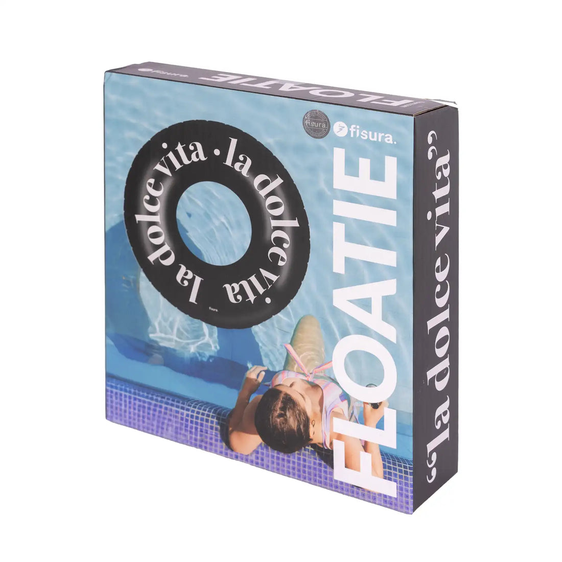 Produktverpackung des FISURA Schwimmrings „La Dolce Vita“ mit Abbildung des schwarzen Schwimmrings und Poolmotiv