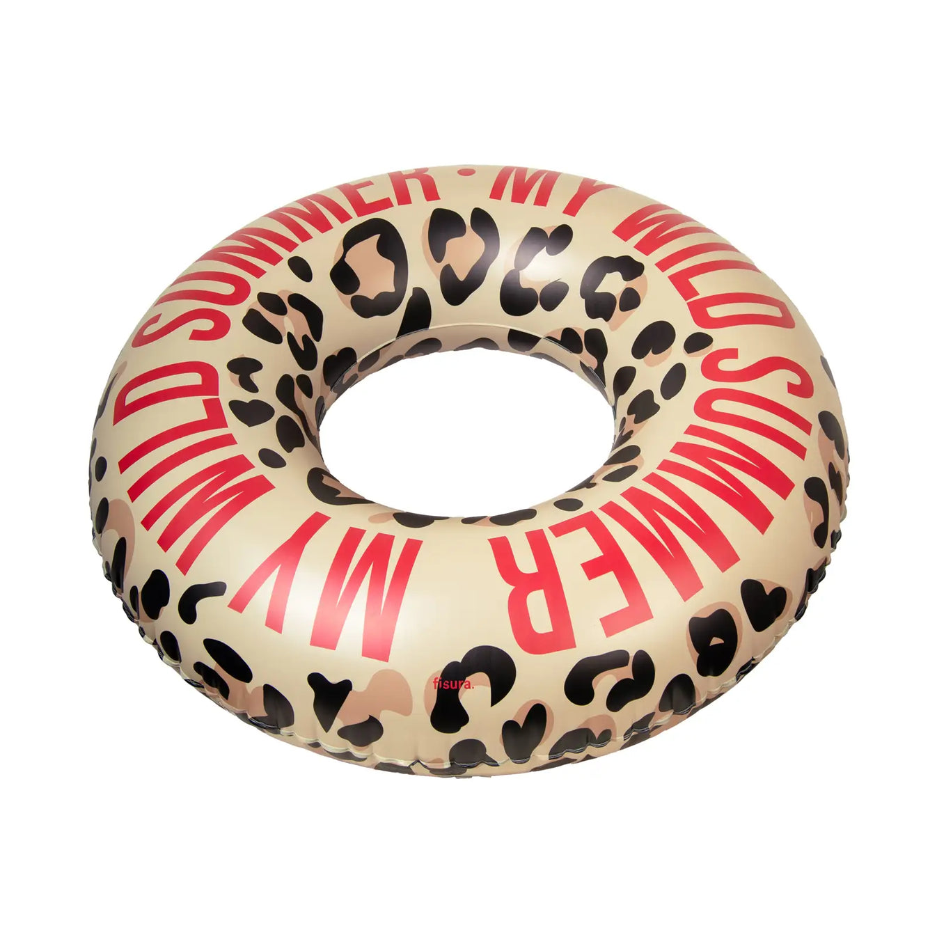 Schwimmring „My Wild Summer“ von FISURA in schräger Ansicht mit beigem Grundton, Leopardenmuster und roter Beschriftung