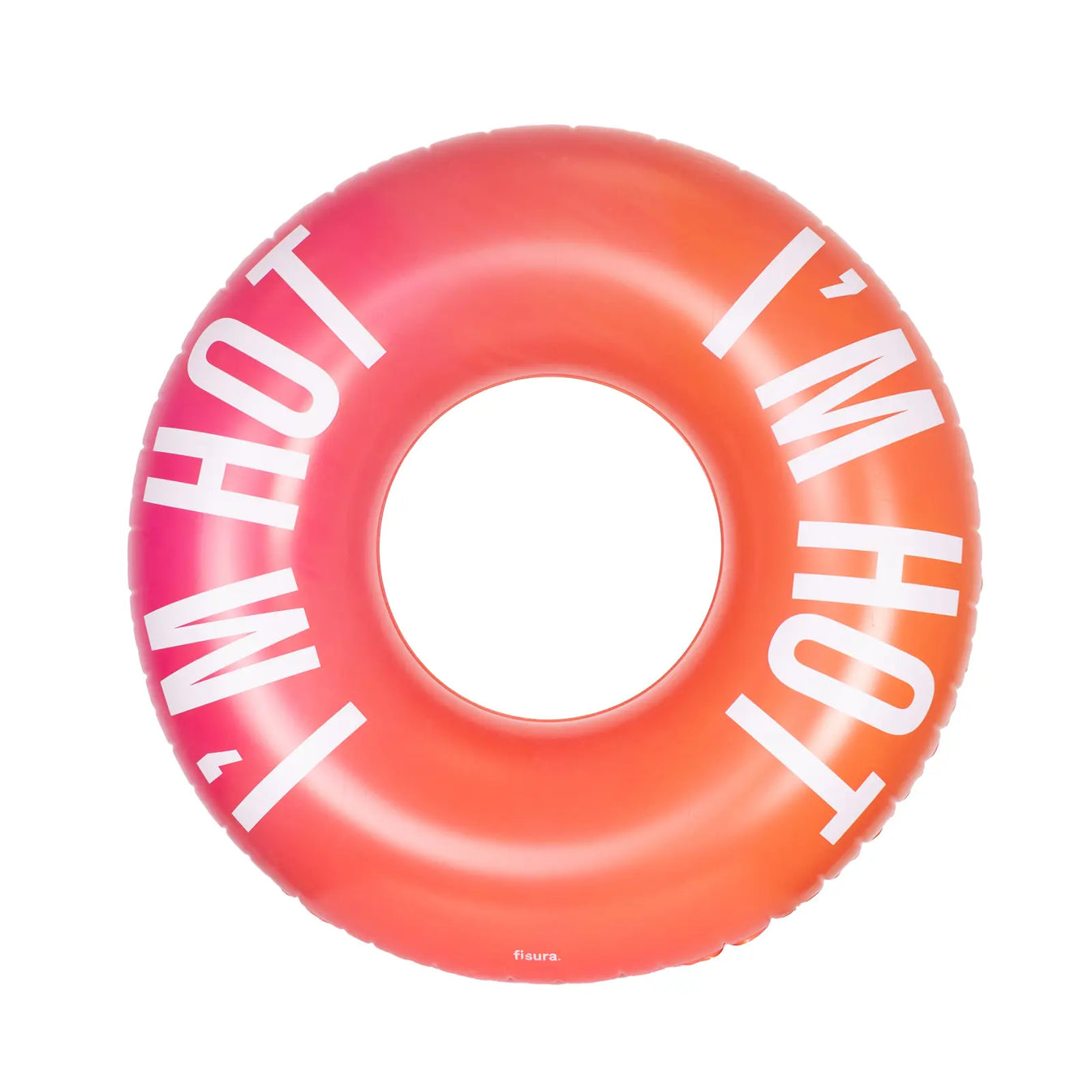 Aufblasbarer Schwimmring von FISURA mit Farbverlauf in Pink und Orange sowie dem Schriftzug „I’m Hot“ in Frontansicht auf hellem Hintergrund