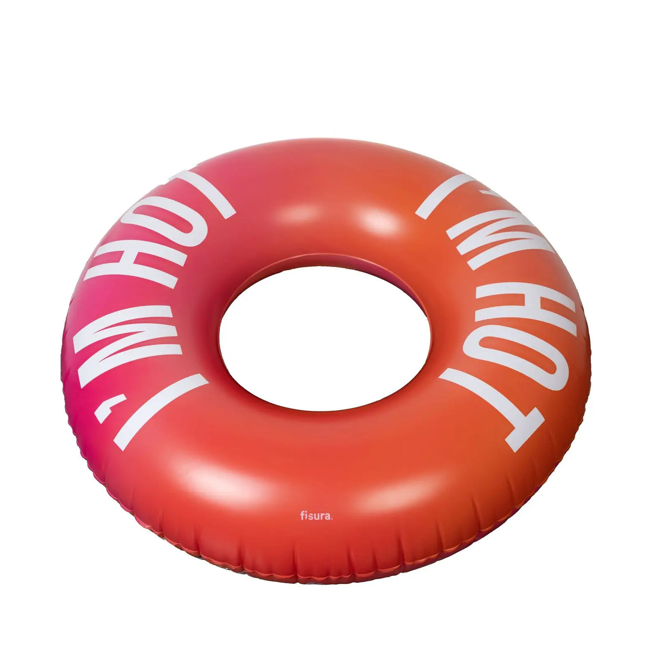 Aufblasbarer Schwimmring „I’m Hot“ von FISURA in Schrägansicht mit Farbverlauf in Pink und Orange auf hellem Hintergrund