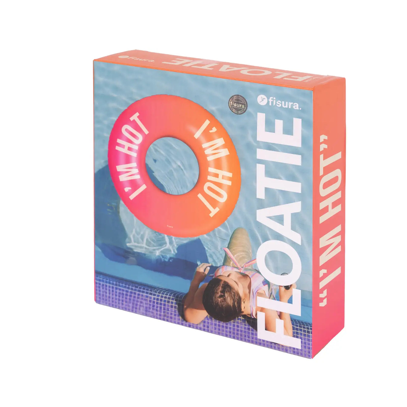 Produktverpackung des FISURA Schwimmrings „I’m Hot“ mit Abbildung des Schwimmrings und Poolszene auf der Vorderseite