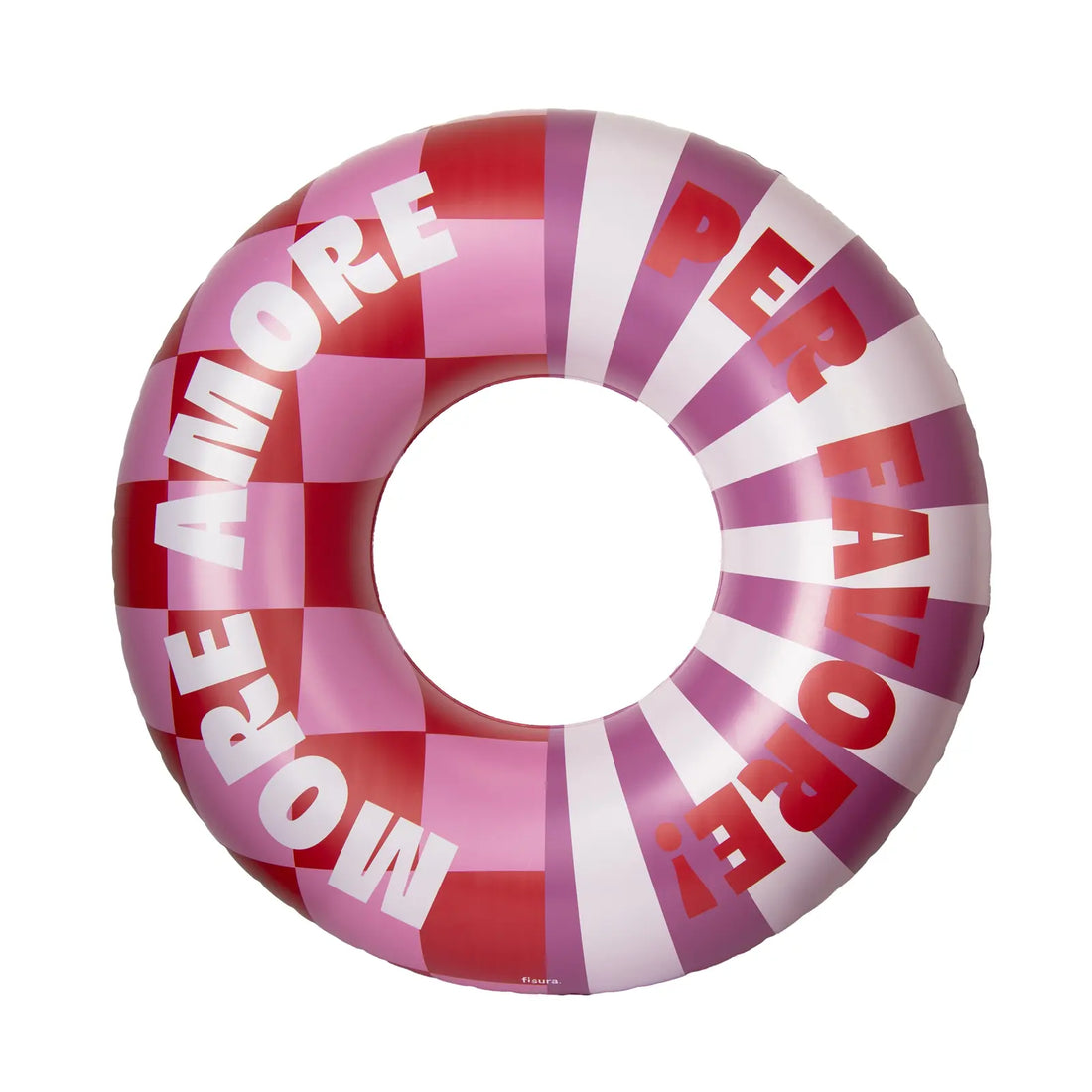 Rosa Schwimmring mit Schriftzug „More Amore Per Favore“ in Frontansicht auf hellem Hintergrund