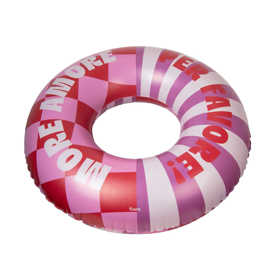 Rosa Schwimmring mit Schriftzug „More Amore Per Favore“ in schräger Ansicht auf hellem Hintergrund