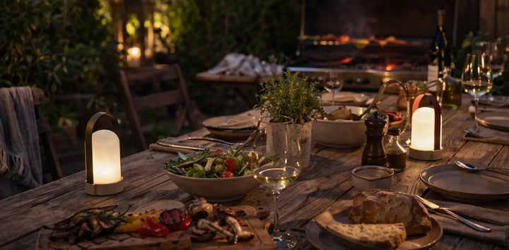 Kollektionsbanner Garten & Grill mit stimmungsvoll gedecktem Gartentisch, Grill, Wein, Salat, Brot und warmem Licht am Abend.