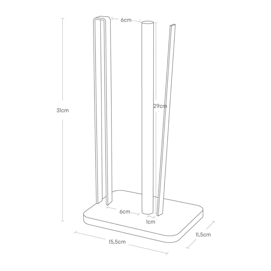 Technische Massskizze des Yamazaki Küchenrollenhalters TOSCA: Höhe 31 cm, Grundfläche 15,5 × 11,5 cm, Stabpositionen und Abstände eingezeichnet.