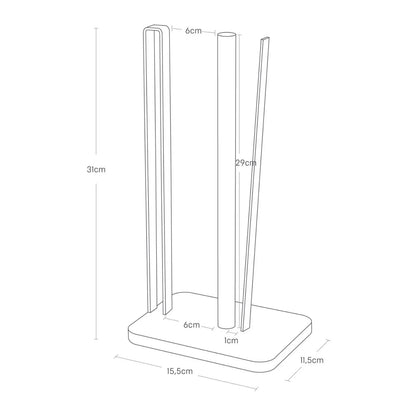 Technische Massskizze des Yamazaki Küchenrollenhalters TOSCA: Höhe 31 cm, Grundfläche 15,5 × 11,5 cm, Stabpositionen und Abstände eingezeichnet.