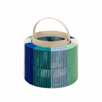 Runde Laterne Maja midnight von REMEMBER mit Griff, Glaszylinder und Kordelbespannung aus Baumwolle in Blau, Petrol, Hellblau, Mint und Creme.