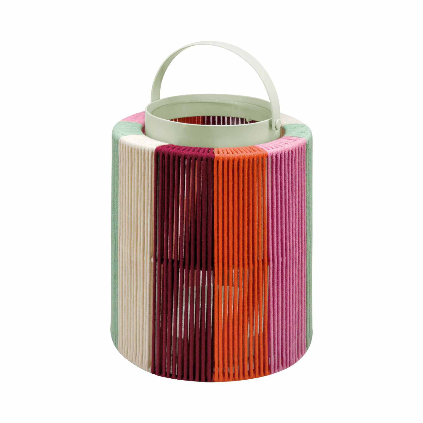 Runde Laterne Maja sunrise von REMEMBER mit Griff, Glaszylinder und Kordelbespannung aus Baumwolle in Mint, Creme, Bordeaux, Orange und Rosa.