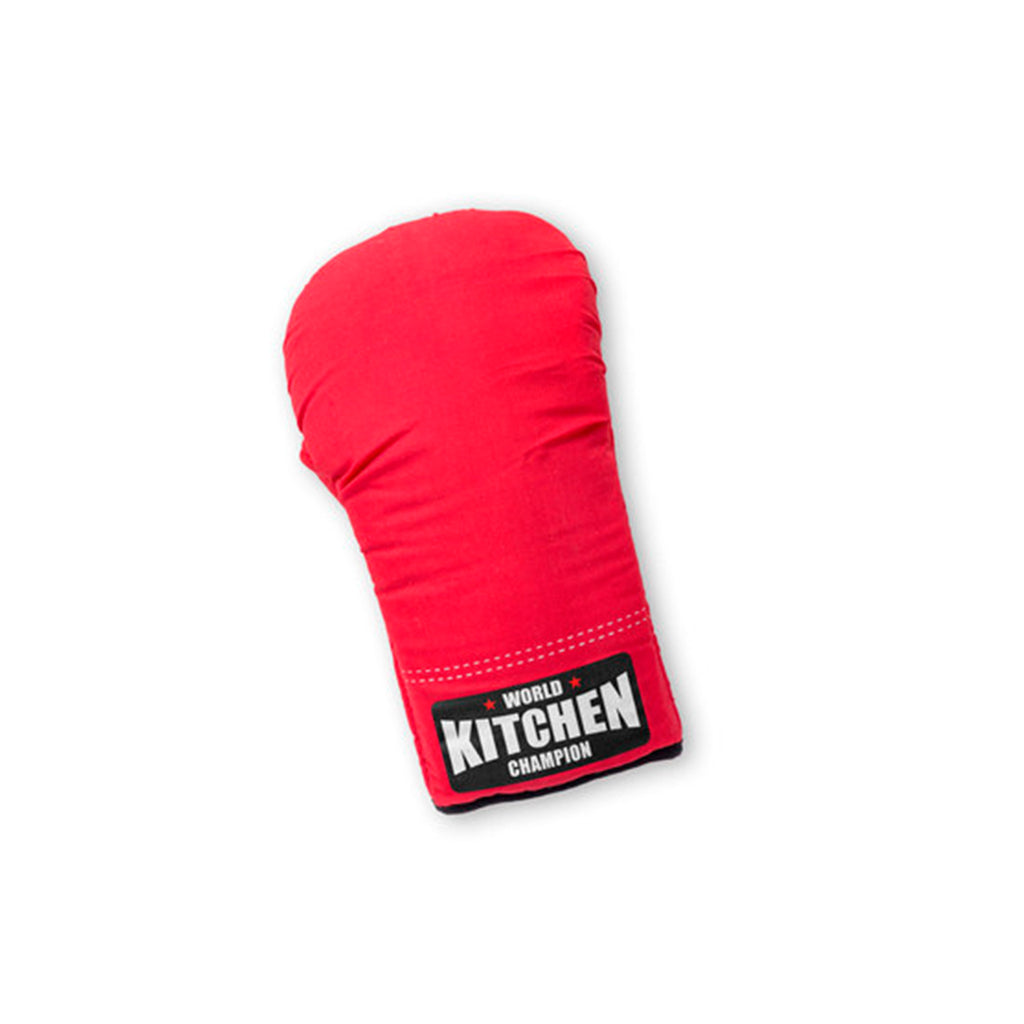 Roter Ofenhandschuh aus Baumwolle, von hinten gezeigt. Am unteren Rand befindet sich ein schwarzes Etikett mit der Aufschrift „World Kitchen Champion“.