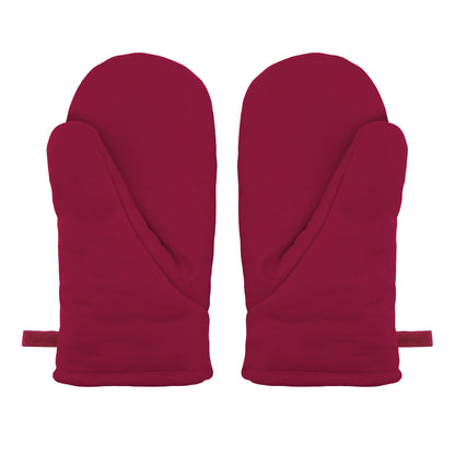 Ofenhandschuh gestreift im 2er-Set, Rückseite in dunklem Beerenton mit weicher Form, Daumenpartie und Aufhängeschlaufe.