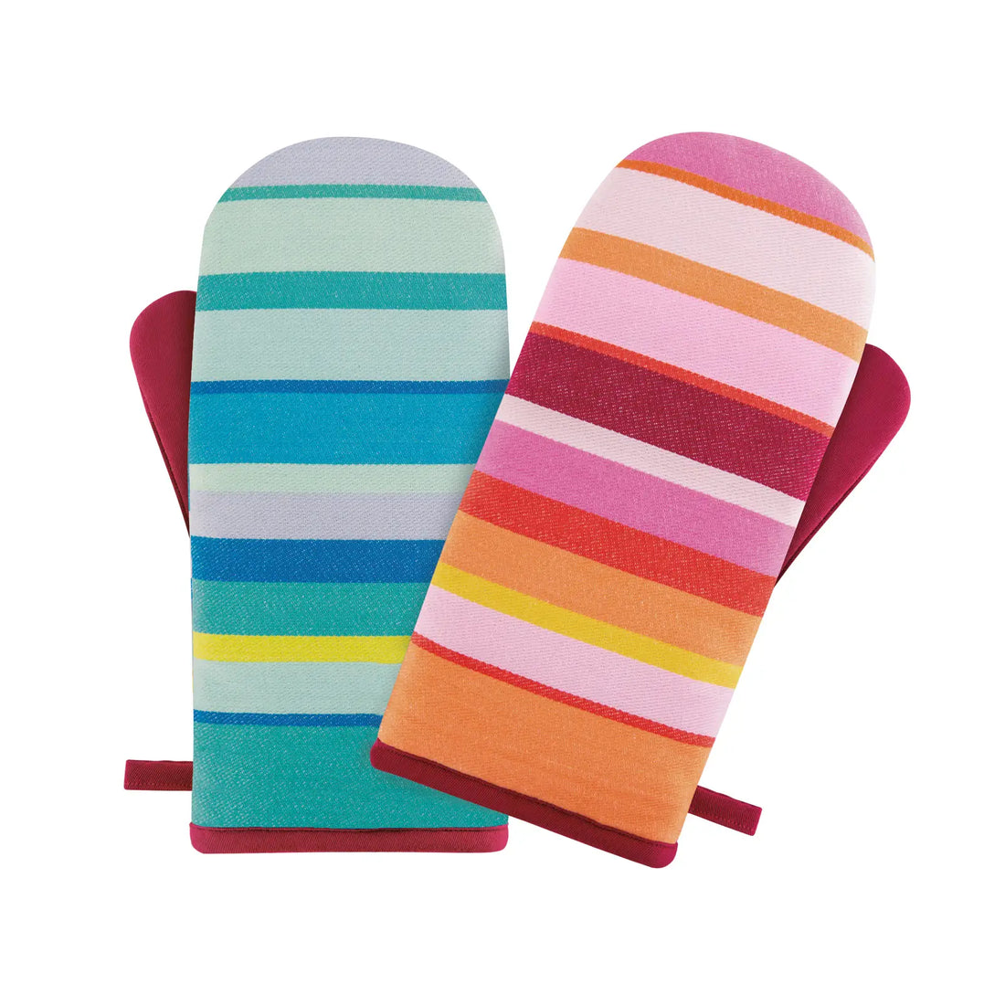 Ofenhandschuh gestreift im 2er-Set, Vorderseite mit zwei unterschiedlich farbigen Streifendesigns in kühlen und warmen Farbtönen.