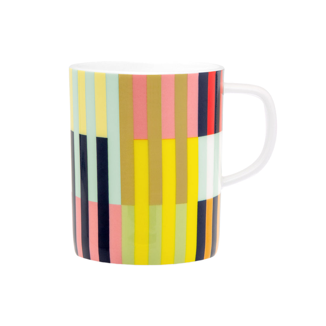 Tasse Havanna von Remember aus Fine Bone China Porzellan mit grafischem Streifenmuster in Hellgrün, Gelb, Rosa, Oliv, Weiss, Dunkelblau, Rot und Orange