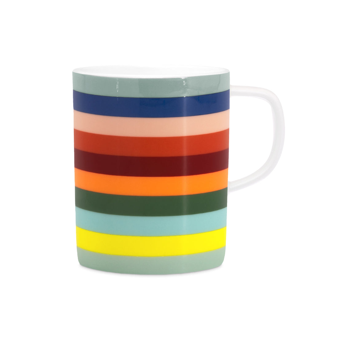 Tasse Lorenzo von Remember aus Fine Bone China Porzellan mit horizontalen Streifen in Salbeigrün, Blau, Rosé, Rot, Bordeaux, Orange, Dunkelgrün, Hellblau und Gelb