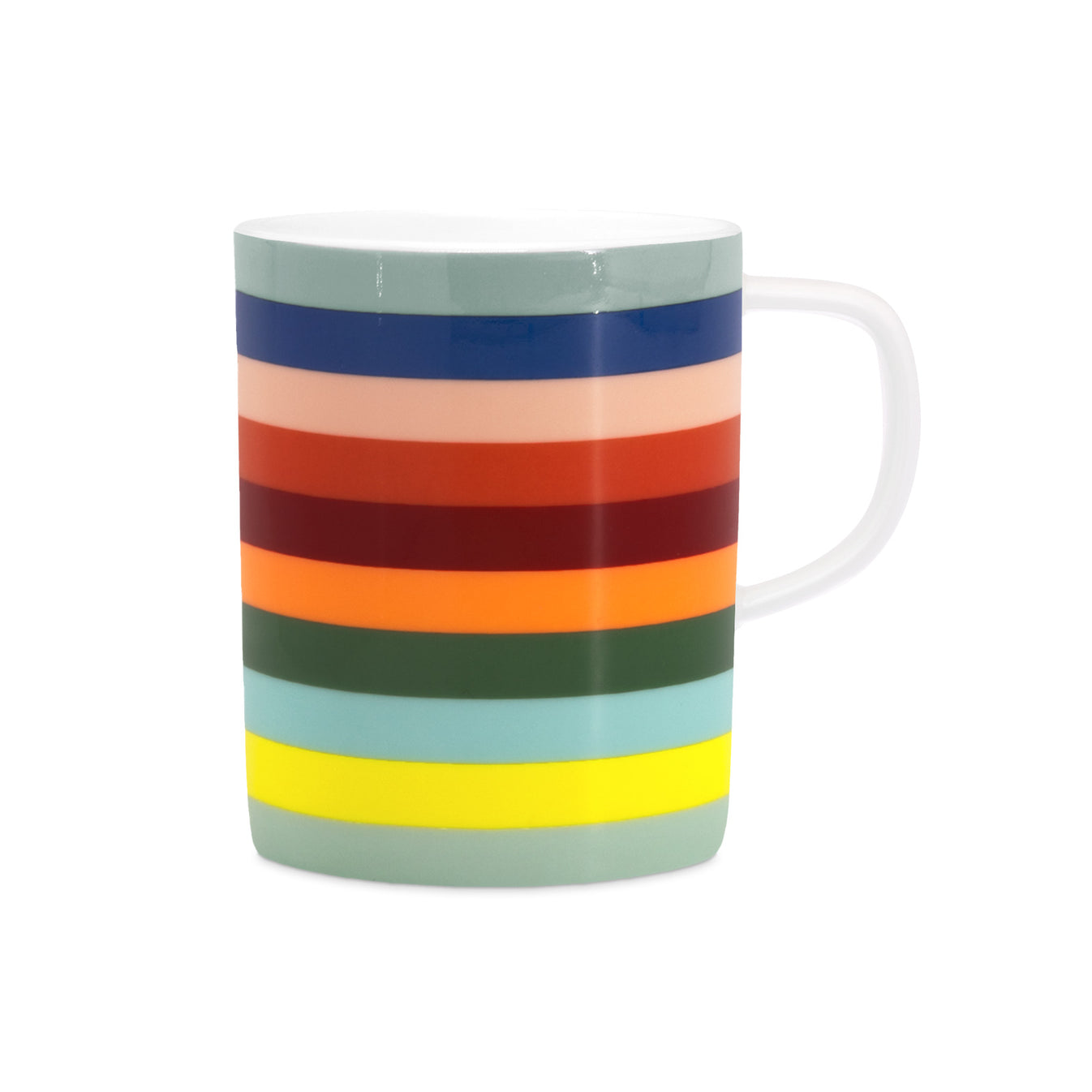 Tasse Lorenzo von Remember aus Fine Bone China Porzellan mit horizontalen Streifen in Salbeigrün, Blau, Rosé, Rot, Bordeaux, Orange, Dunkelgrün, Hellblau und Gelb
