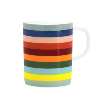 Tasse Lorenzo von Remember aus Fine Bone China Porzellan mit horizontalen Streifen in Salbeigrün, Blau, Rosé, Rot, Bordeaux, Orange, Dunkelgrün, Hellblau und Gelb