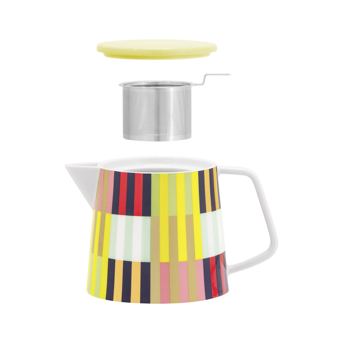 Teekanne Havanna von Remember aus Porzellan mit grafischem Streifenmuster in Gelb, Hellgrün, Rosa, Beige, Weiss, Dunkelblau und Rot, mit Deckel und herausnehmbarem Edelstahlsieb für losen Tee