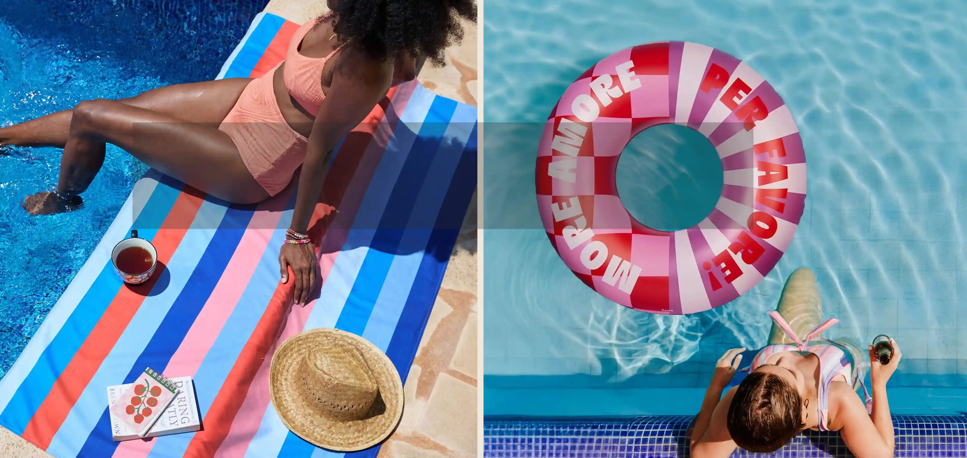 Sommerliche Pool-Szene mit buntem Badetuch, Sonnenhut, Buch und pinkem Schwimmring.