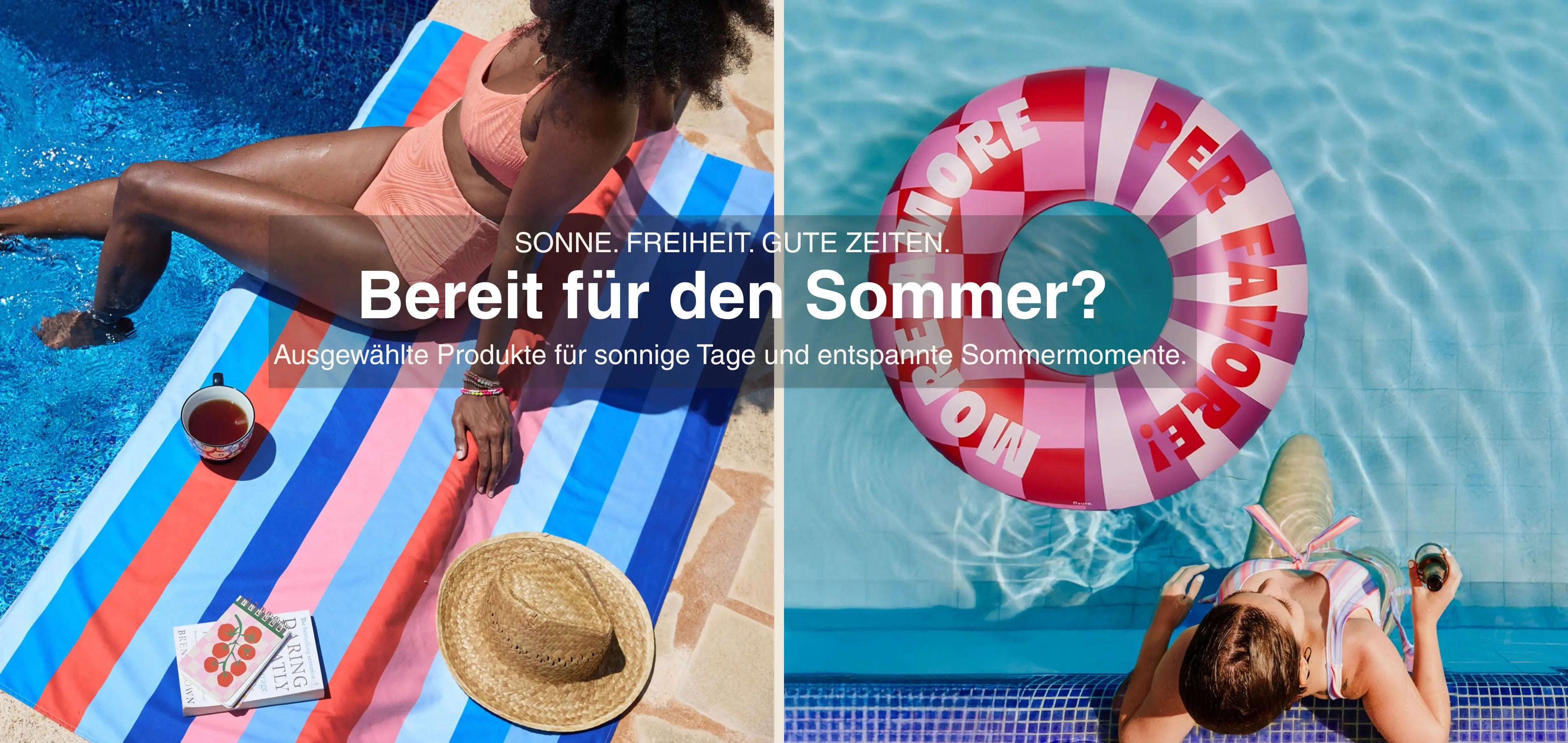 Startseitenbild mit Poolszene, Schwimmring und Strandtuch mit dem Text „Bereit für den Sommer?“ und sommerlicher Produktbotschaft