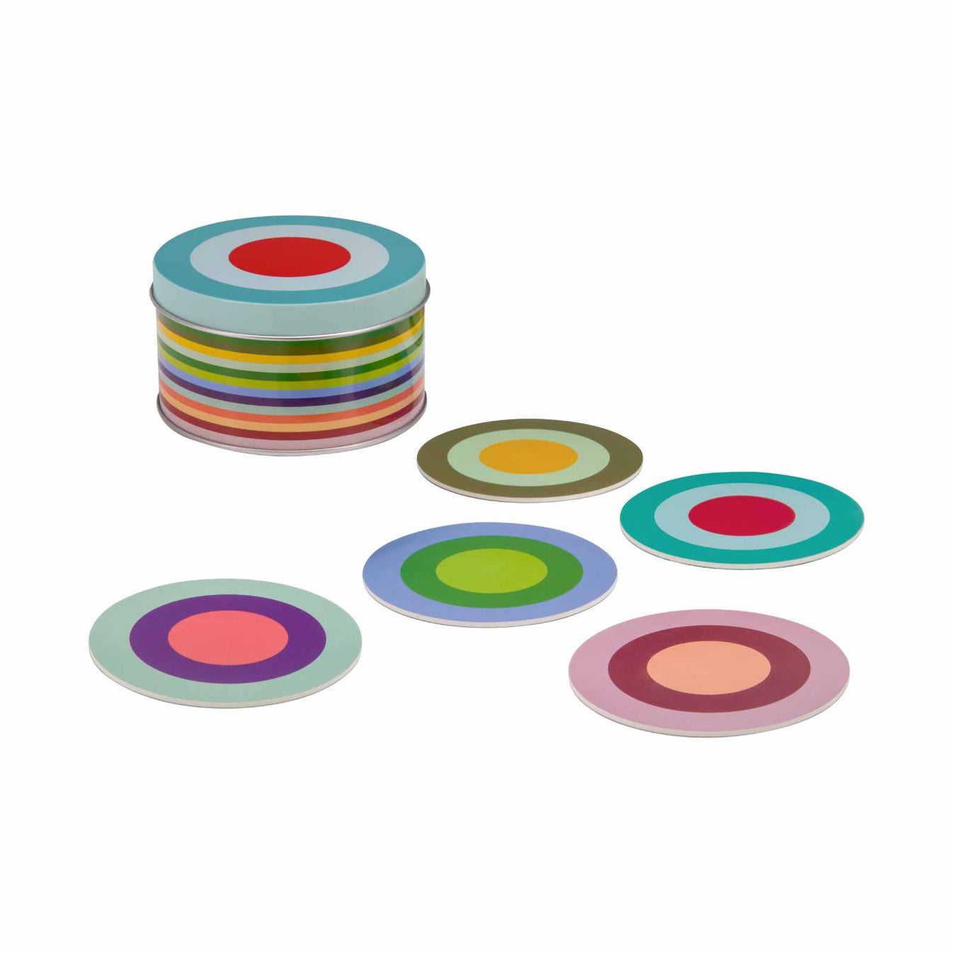 Mehrere runde Untersetzer aus dem Untersetzer-Set Ronda liegen neben der passenden runden Dose. Die Untersetzer zeigen farbige Kreisdesigns in verschiedenen Farbkombinationen.