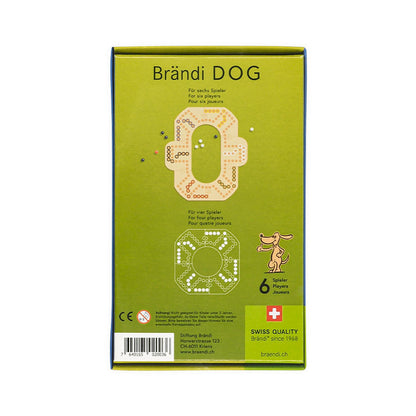 Brändi Dog Verpackung Rückseite 6 Spieler - Produktinformationen mit Spielanleitung für 4 und 6 Spieler Varianten - Swiss Quality Brettspiel braendi.ch