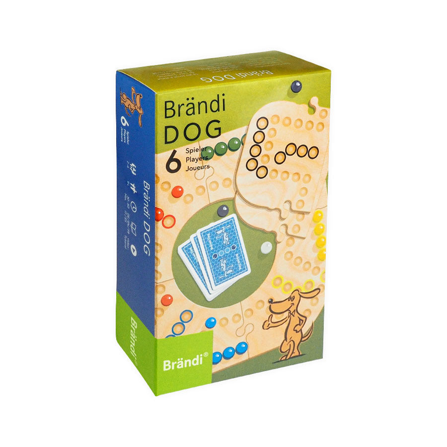 Brändi Dog Verpackung Vorderseite 6 Spieler - Originalverpackung Brettspiel grün-gelb - Swiss Quality Gesellschaftsspiel seit 1968