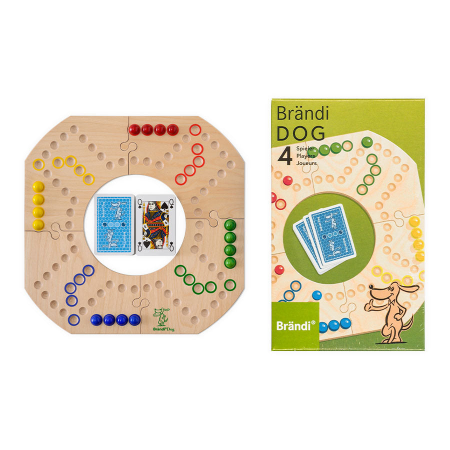 Brändi Dog Brettspiel 4 Spieler mit Verpackung - Schweizer Gesellschaftsspiel aus Holz komplett mit Spielbrett, Murmeln, Karten und Originalverpackung - Familienspiel Swiss Made