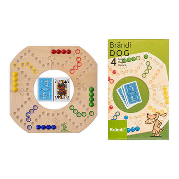 Brändi Dog Brettspiel 4 Spieler mit Verpackung - Schweizer Gesellschaftsspiel aus Holz komplett mit Spielbrett, Murmeln, Karten und Originalverpackung - Familienspiel Swiss Made