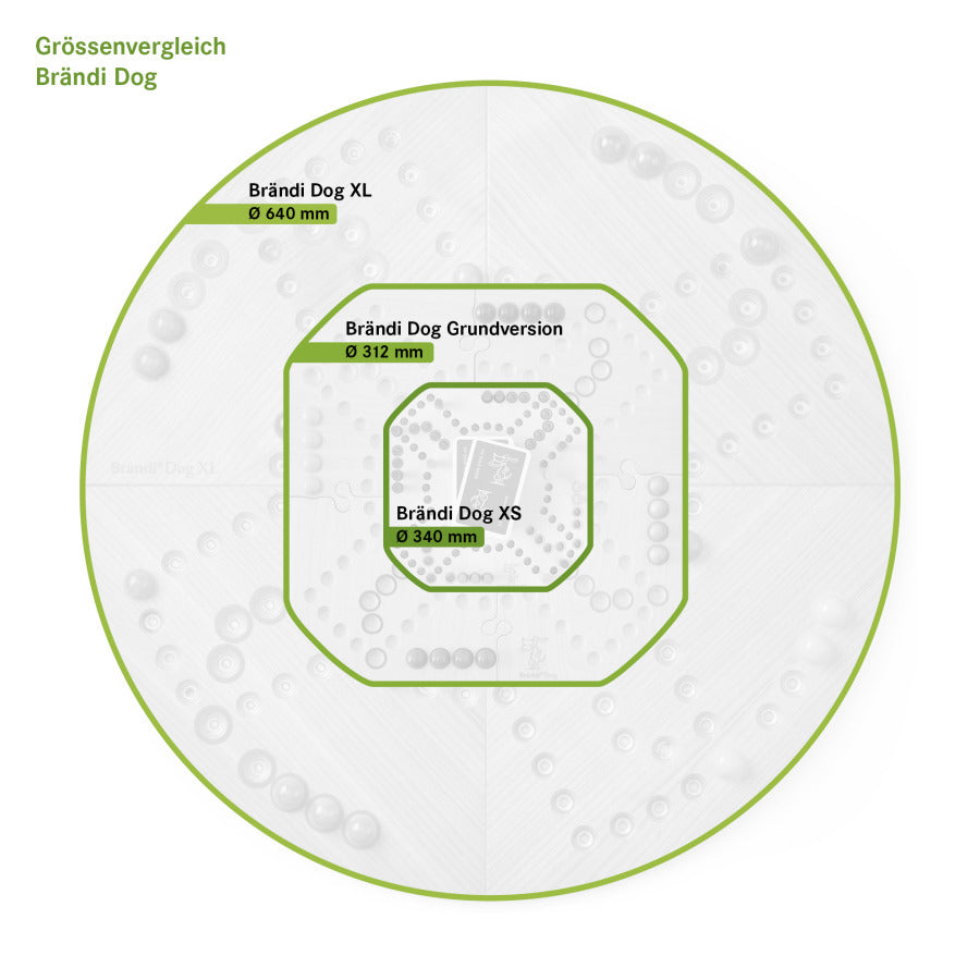Brändi Dog Spielbrett Größenübersicht - Maßvergleich XS klein (340mm), Grundversion mittel (312mm), XL groß (640mm) - Kaufhilfe Brettspiel Dimensionen