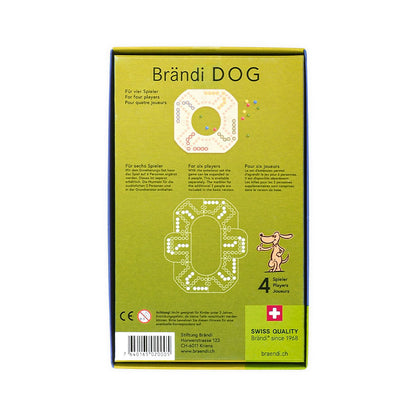 Brändi Dog Verpackung Rückseite mit Spielanleitung - Brettspiel 4 Spieler Produktinformationen und Erweiterungsbeschreibung für 6 Spieler - Swiss Quality Gesellschaftsspiel