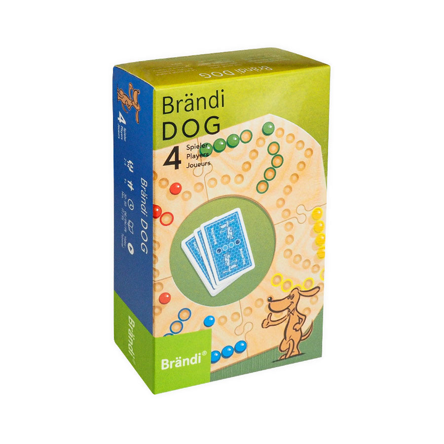 Brändi Dog Verpackung Vorderseite - Brettspiel für 4 Spieler Originalverpackung grün-gelb - Schweizer Gesellschaftsspiel Swiss Quality seit 1968