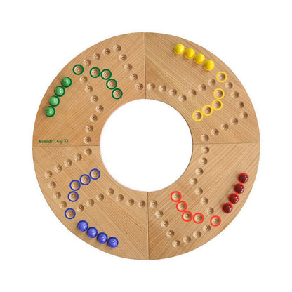 Brändi Dog XL Brettspiel für 4 Spieler - Großes Holz Spielbrett Ø 640mm mit Murmeln in Grün, Gelb, Blau, Rot und Spielkarten - Schweizer Gesellschaftsspiel XXL Swiss Made
