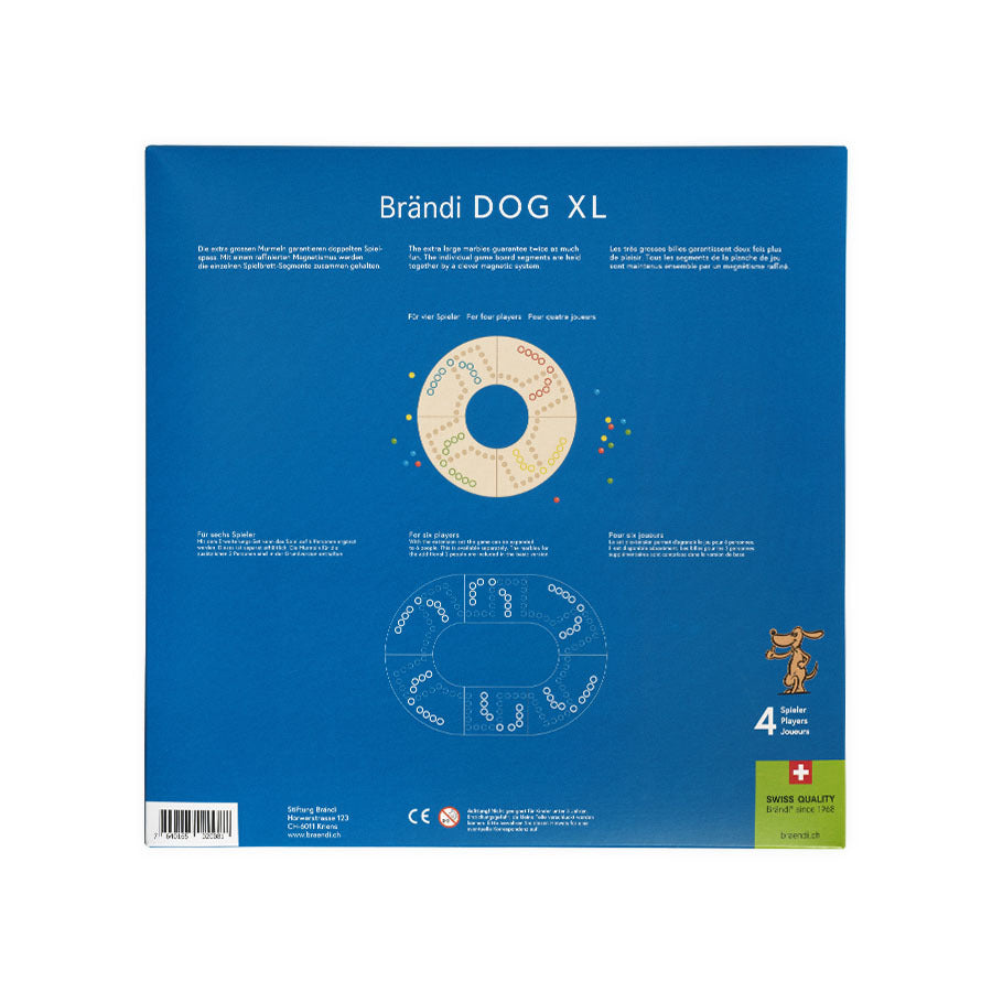 Brändi Dog XL Verpackung Rückseite 4 Spieler - Produktinformationen mit Spielanleitung für 4 und 6 Spieler Varianten Ø 640mm - Swiss Quality XXL Brettspiel braendi.ch
