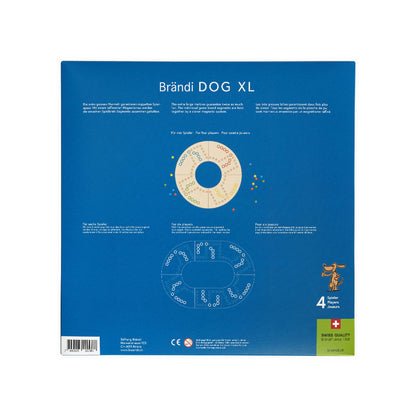 Brändi Dog XL Verpackung Rückseite 4 Spieler - Produktinformationen mit Spielanleitung für 4 und 6 Spieler Varianten Ø 640mm - Swiss Quality XXL Brettspiel braendi.ch