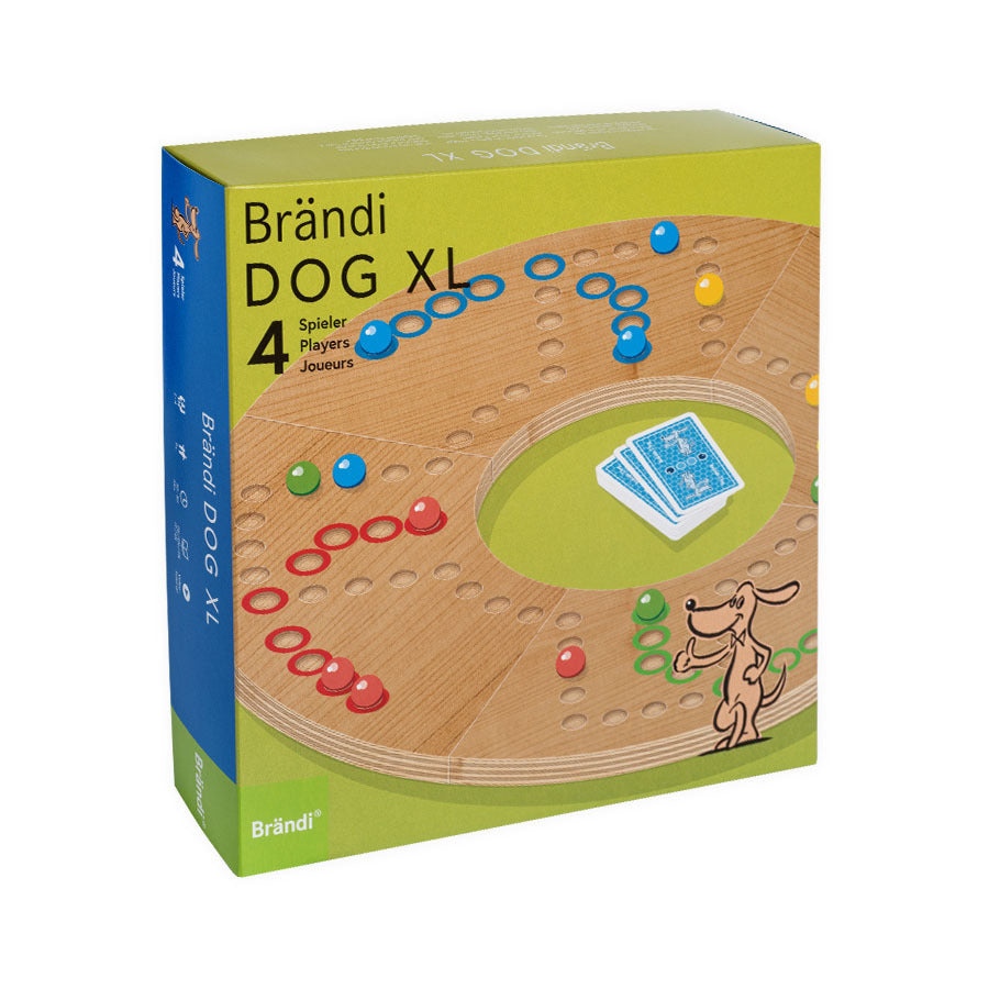 Brändi Dog XL Verpackung Vorderseite 4 Spieler - Originalverpackung Brettspiel grün-gelb Ø 640mm - Swiss Quality Gesellschaftsspiel seit 1968