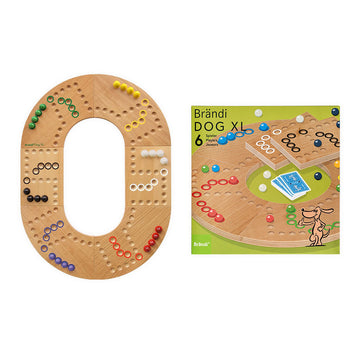 Brändi Dog XL 6 Spieler komplett mit Verpackung - Großes Holz Brettspiel Set Ø 640mm mit Murmeln, Karten und Originalverpackung - XXL Familienspiel Swiss Made