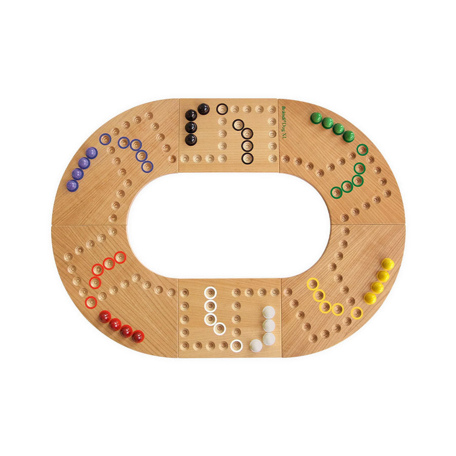 Brändi Dog XL Brettspiel für 6 Spieler - Großes Holz Spielbrett Ø 640mm mit Murmeln in 6 Farben und Spielkarten - Schweizer Gesellschaftsspiel XXL Swiss Made