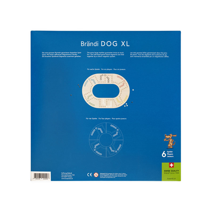 Brändi Dog XL Verpackung Rückseite 6 Spieler - Produktinformationen mit Spielanleitung für 4 und 6 Spieler Varianten Ø 640mm - Swiss Quality XXL Brettspiel braendi.ch