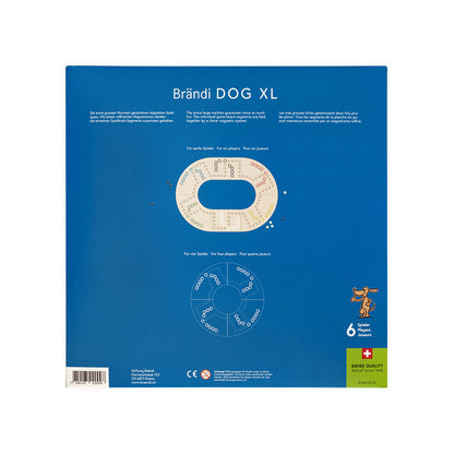 Brändi Dog XL Verpackung Rückseite 6 Spieler - Produktinformationen mit Spielanleitung für 4 und 6 Spieler Varianten Ø 640mm - Swiss Quality XXL Brettspiel braendi.ch