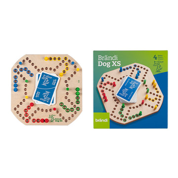 Brändi Dog XS 4 Spieler komplett mit Verpackung - Kompaktes Holz Brettspiel Set Ø 340mm mit Spielbrett, Murmeln, Karten und Originalverpackung grün-blau - Reiseversion Swiss Made