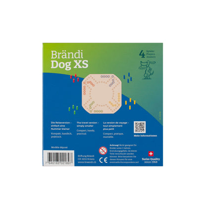 Brändi Dog XS Verpackung Rückseite 4 Spieler - Produktinformationen Reiseversion kompakt handlich praktisch Ø 340mm - Swiss Quality Brettspiel braendi.ch